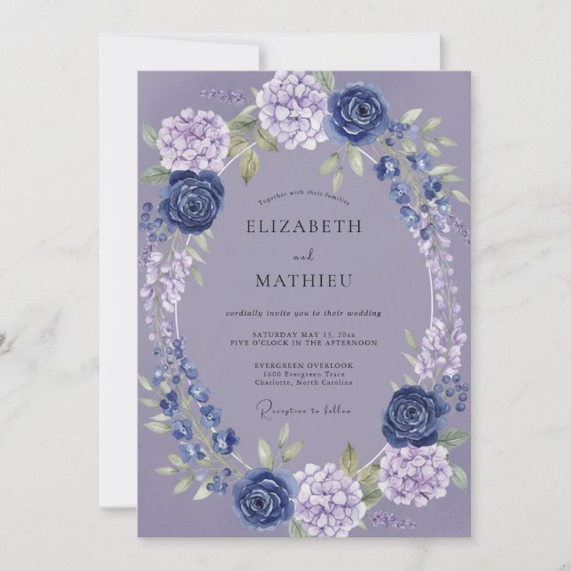 Convite Casamento com Coroa de Hortênsias Azul-Celeste (Frente)