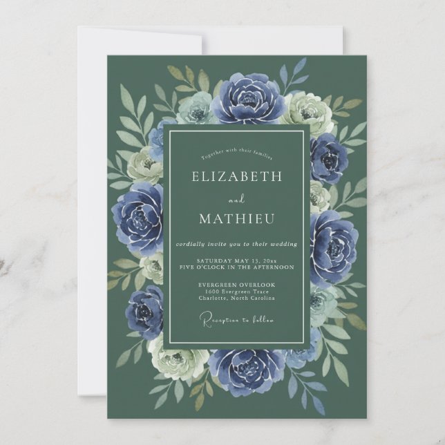 Convite Casamento com Coroa de Indigo Slate (Frente)