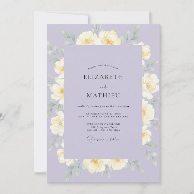 Convite Casamento com Coroa de Lavanda Amarela Suave (Frente)