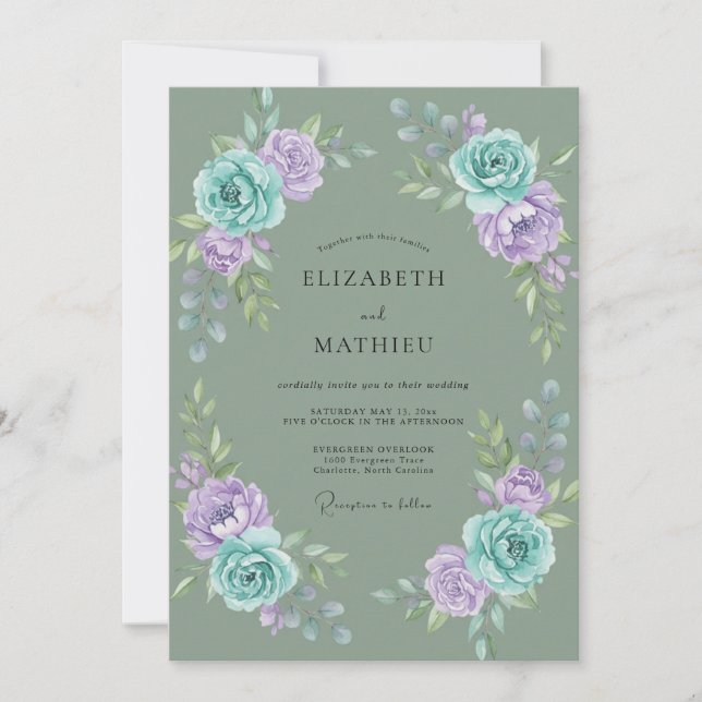 Convite Casamento com Coroa de Lavanda Aqua (Frente)