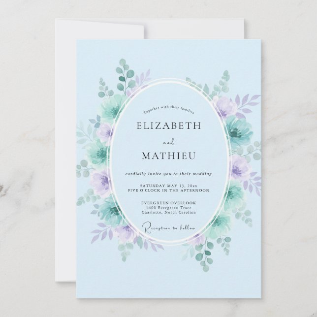 Convite Casamento com Coroa de Lavanda e Periwinkle (Frente)