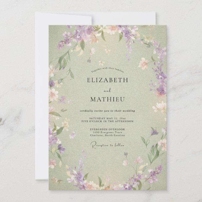 Convite Casamento com Coroa de Lavanda Pistácio (Frente)