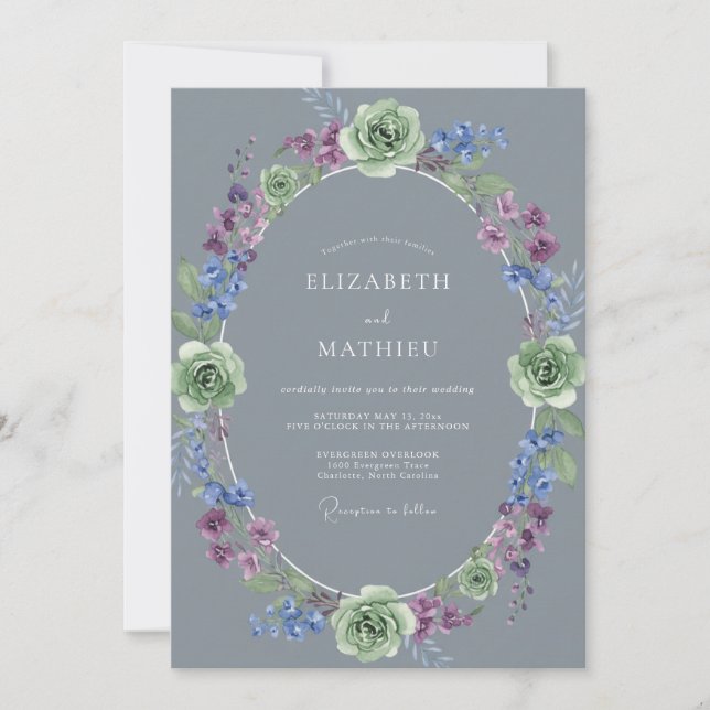Convite Casamento com Coroa de Lavanda Slate (Frente)