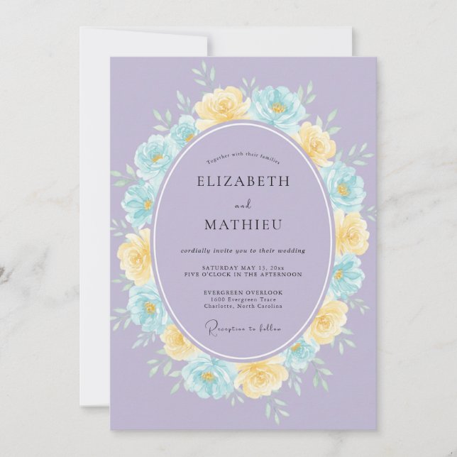 Convite Casamento com Coroa de Lilás Amarelo (Frente)