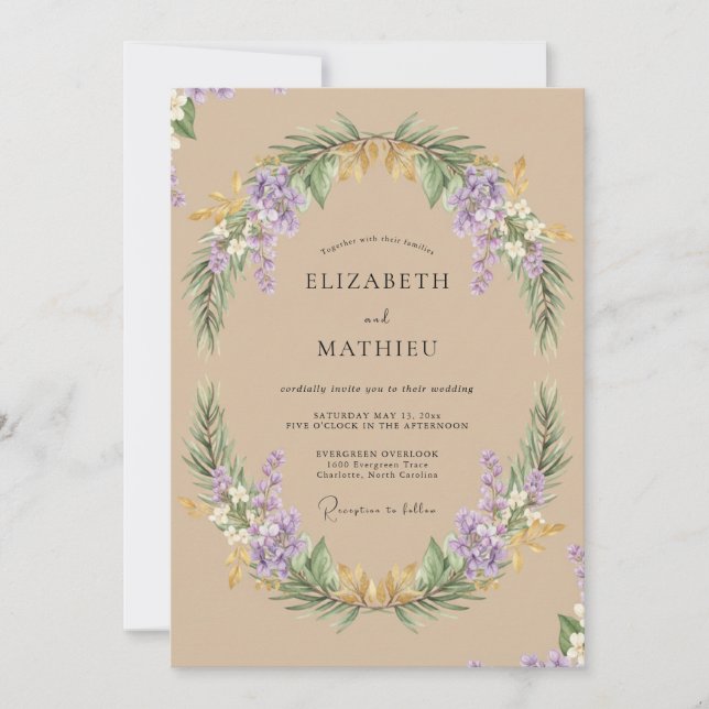 Convite Casamento com Coroa de Lilás Bege (Frente)