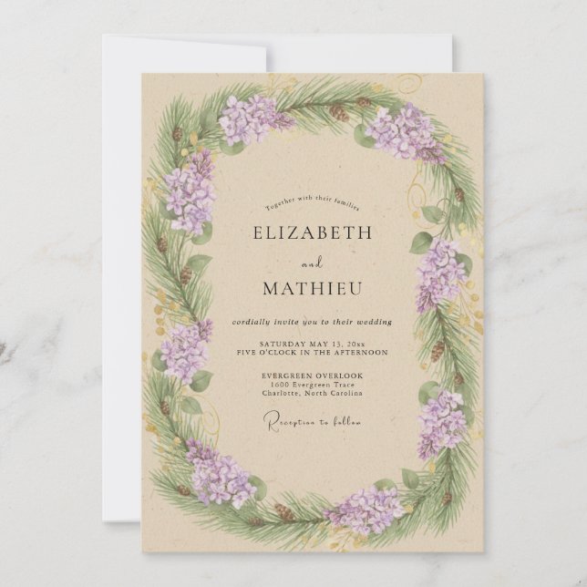 Convite Casamento com Coroa de Lilás Champagne Dourado (Frente)