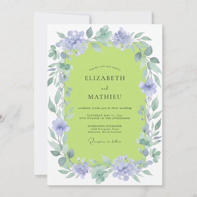 Convite Casamento com Coroa de Lilás Chartreuse (Frente)