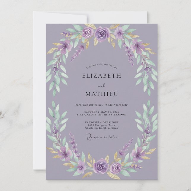 Convite Casamento com Coroa de Lilás Desbotado (Frente)