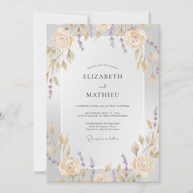 Convite Casamento com Coroa de Lilás e Champanhe (Frente)