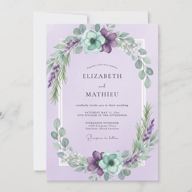 Convite Casamento com Coroa de Lilás e Hortelã (Frente)