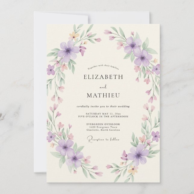 Convite Casamento com Coroa de Lilás e Malva (Frente)