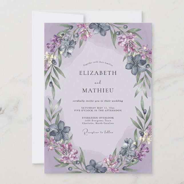 Convite Casamento com Coroa de Lilás e Periwinkle (Frente)