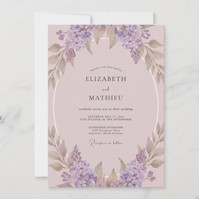 Convite Casamento com Coroa de Lilás Malva (Frente)