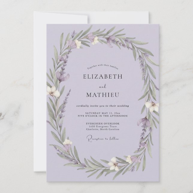 Convite Casamento com Coroa de Lilás Pálido (Frente)