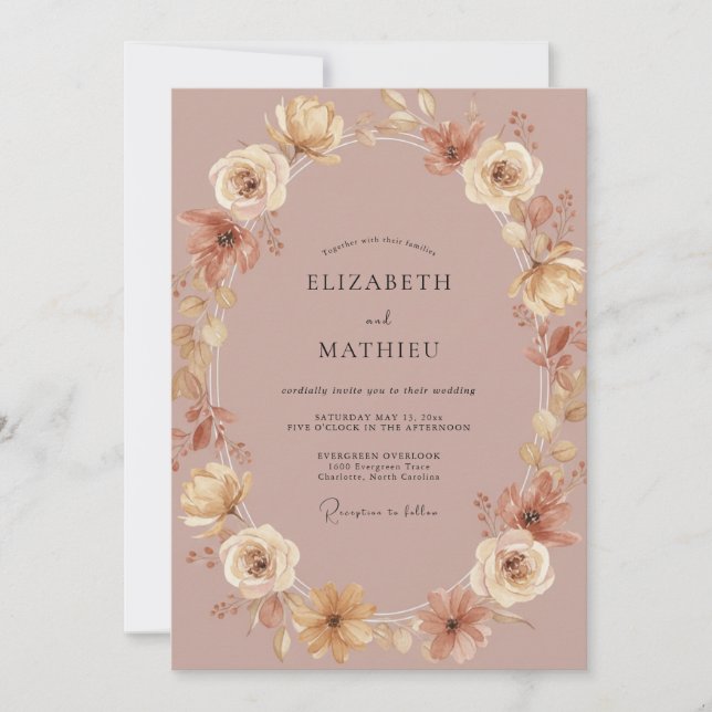Convite Casamento com Coroa de Lilás Rosa Empoeirado (Frente)