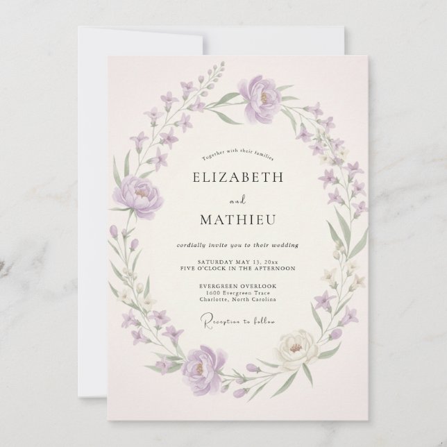 Convite Casamento com Coroa de Lilás Suave (Frente)