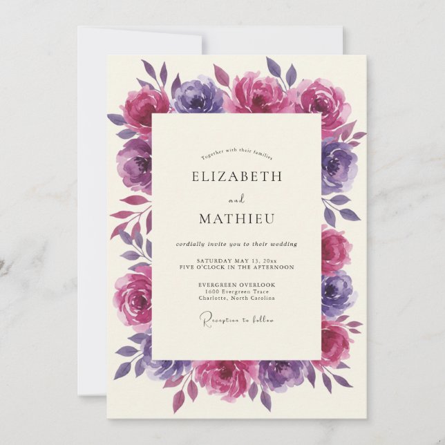 Convite Casamento com Coroa de Magenta Ameixa (Frente)