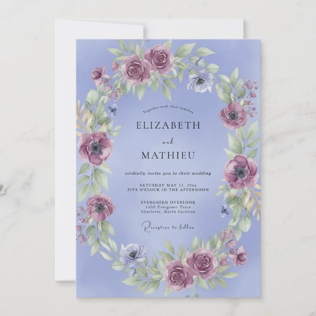 Convite Casamento com Coroa de Malva Azulada (Frente)