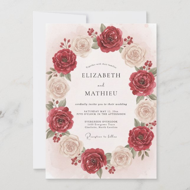 Convite Casamento com Coroa de Marfim Antigo Carmesim (Frente)