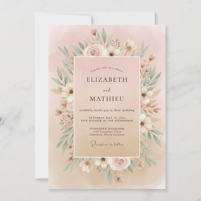 Convite Casamento com Coroa de Marfim Rosado (Frente)