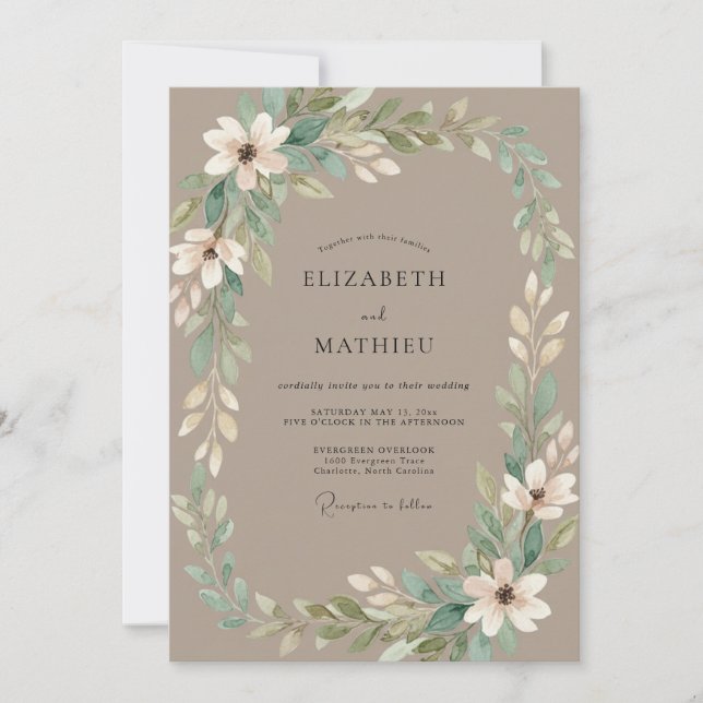 Convite Casamento com Coroa de Marfim Taupe (Frente)