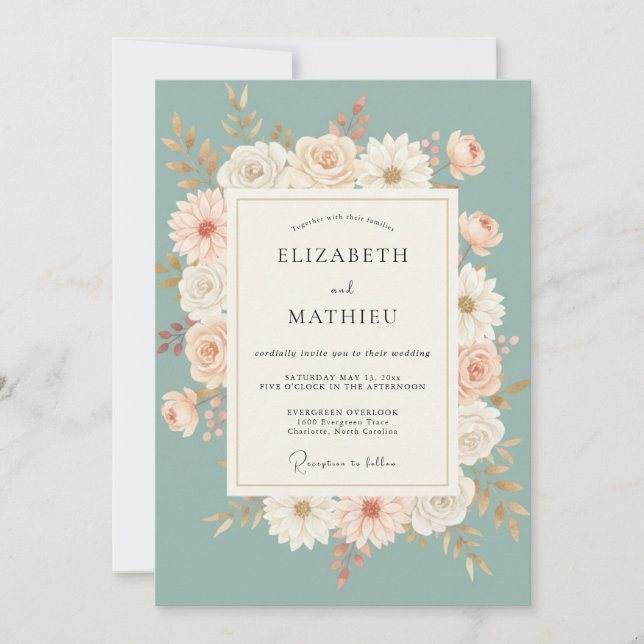 Convite Casamento com Coroa de Margaridas Celadon (Frente)