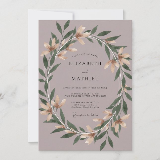 Convite Casamento com Coroa de Mauve Empoeirado (Frente)