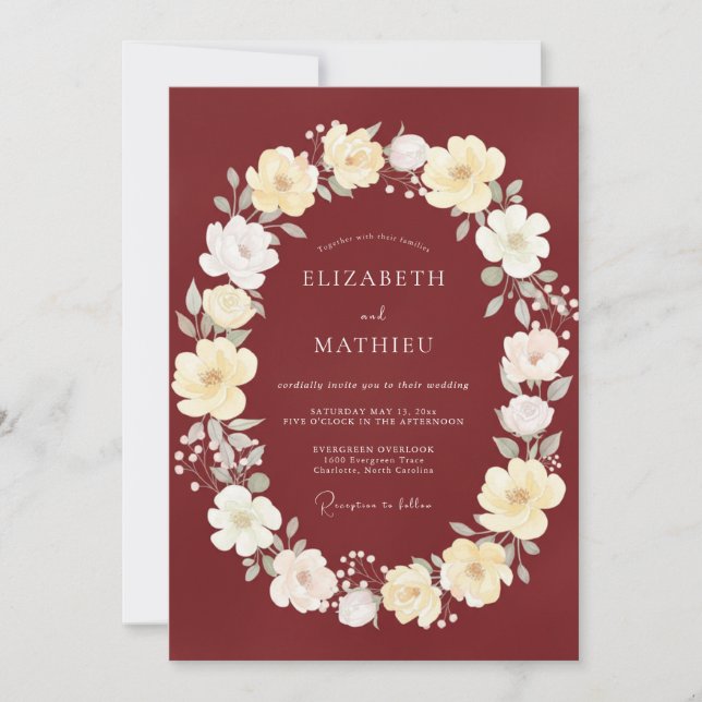 Convite Casamento com Coroa de Merlot Ivory (Frente)