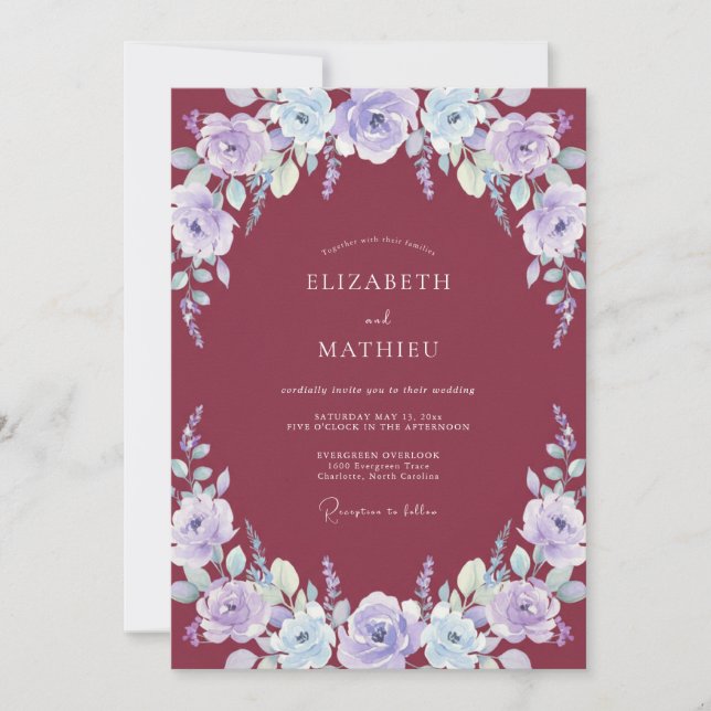 Convite Casamento com Coroa de Merlot Periwinkle (Frente)