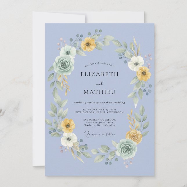 Convite Casamento com Coroa de Mostarda e Periwinkle (Frente)