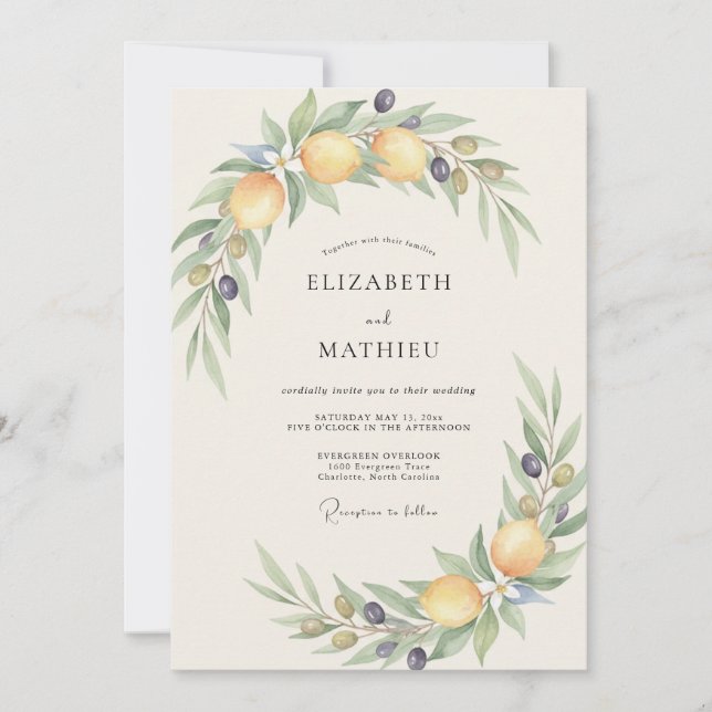 Convite Casamento com Coroa de Oliva e Citrinos (Frente)
