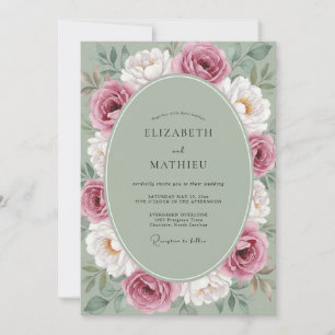 Convite Casamento com Coroa de Oliva Rosa Murcho