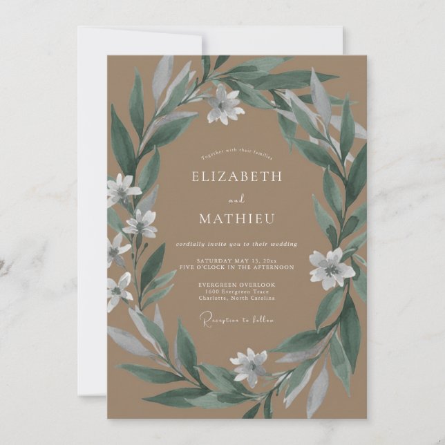 Convite Casamento com Coroa de Olive Taupe Prado (Frente)