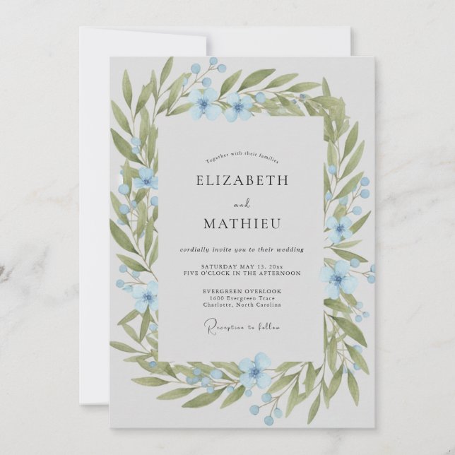 Convite Casamento com Coroa de Oliveira Azul (Frente)