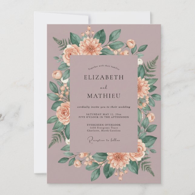 Convite Casamento com Coroa de Peachy Malva (Frente)