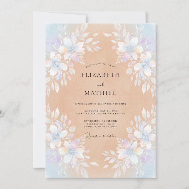 Convite Casamento com Coroa de Periwinkle e Pêssego Quente (Frente)