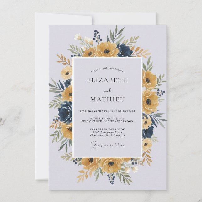 Convite Casamento com Coroa de Periwinkle Mostarda (Frente)