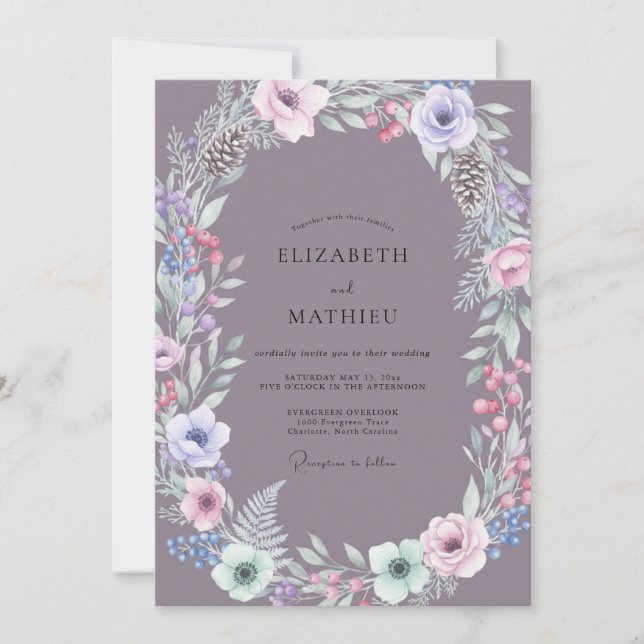 Convite Casamento com Coroa de Pinheiro Roxo (Frente)