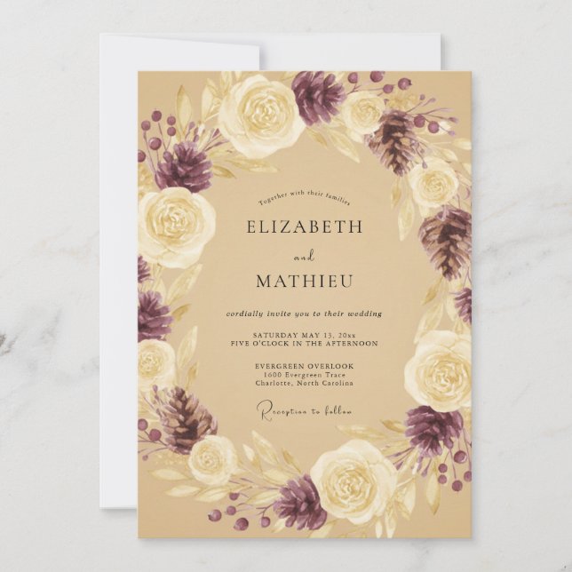 Convite Casamento com Coroa de Plum e Champanhe (Frente)