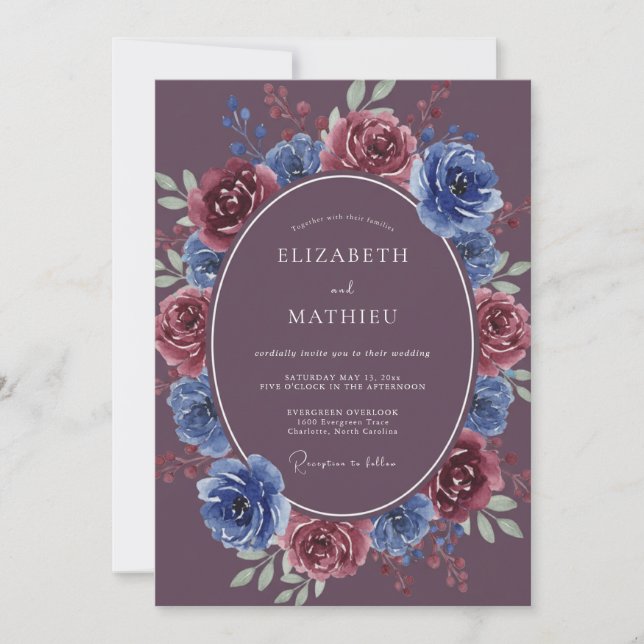 Convite Casamento com Coroa de Plumagem Clássica Violeta (Frente)