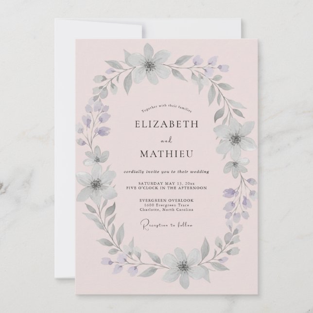Convite Casamento com Coroa de Prata Rosa Pálido (Frente)