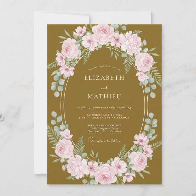 Convite Casamento com Coroa de Rosa Mostarda (Frente)