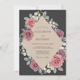 Convite Casamento com Coroa de Rosa Pink Carvão