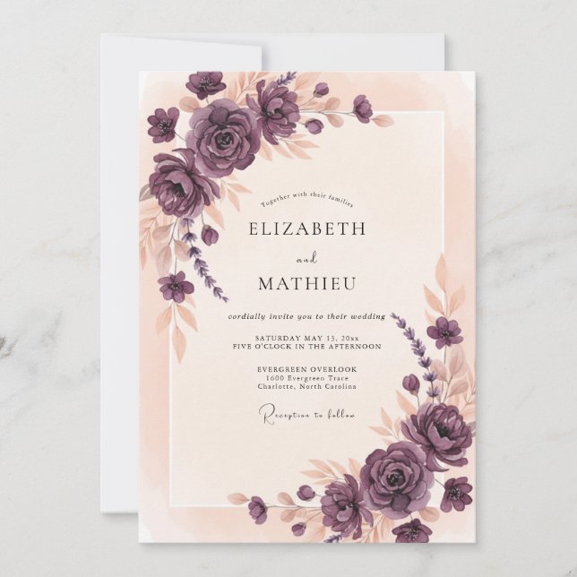 Convite Casamento com Coroa de Rosas Malva (Frente)