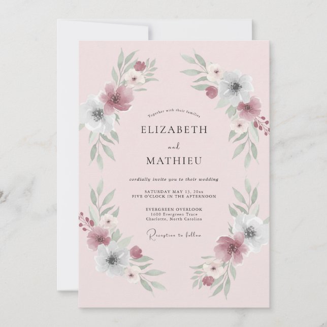 Convite Casamento com Coroa de Sage Rosa Choque (Frente)