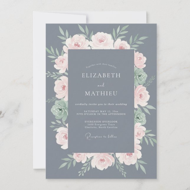 Convite Casamento com Coroa de Slate Pale Blush (Frente)