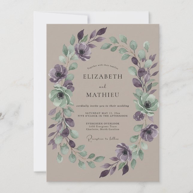 Convite Casamento com Coroa de Taupe e Ametista (Frente)