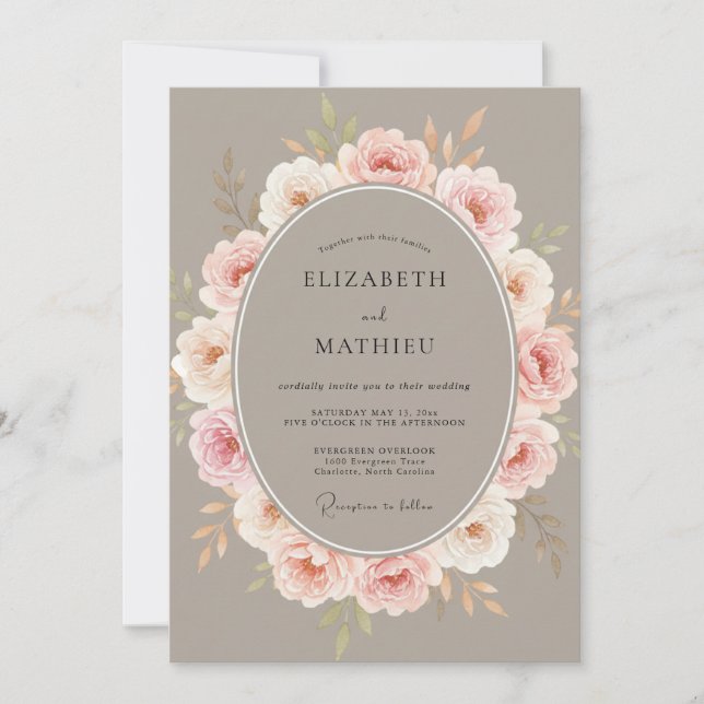 Convite Casamento com Coroa de Taupe e Rubor (Frente)