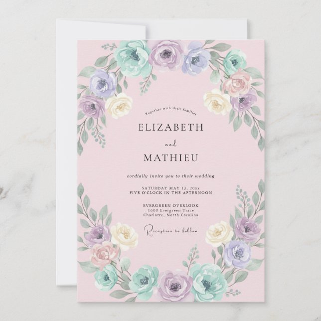 Convite Casamento com Coroa de Tons Pastéis Rosados (Frente)