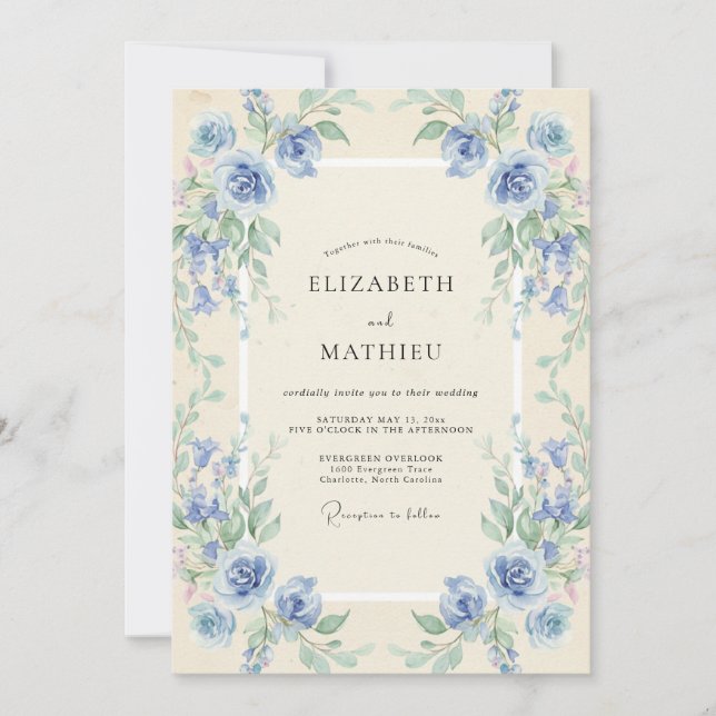 Convite Casamento com Coroa de Vinca Azul-Celeste (Frente)